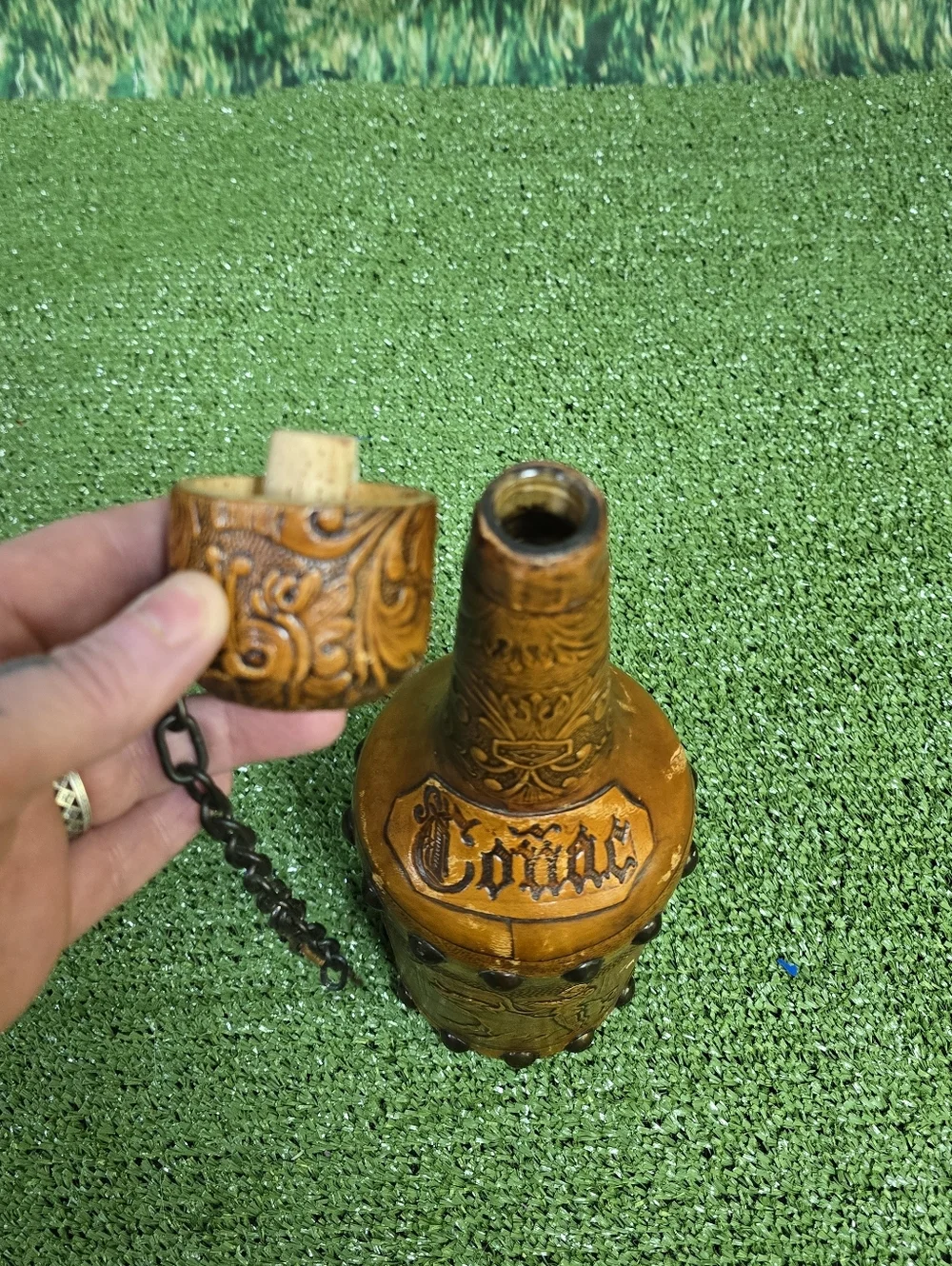 Vintage Handtooled Spanish Leather Glass Conac Decanter w Cork Plug Chain Tassel
